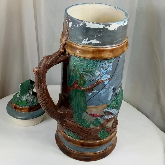 Hand Painted Largemouth Bass Ceramic Stein Tankard With Lid
